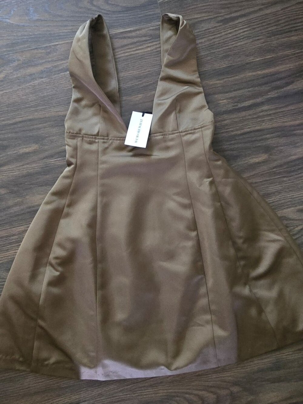 WE WORE WHAT Deep V-Neckline Structured Brown Satin Mini-Dress NWT/SIZE 4